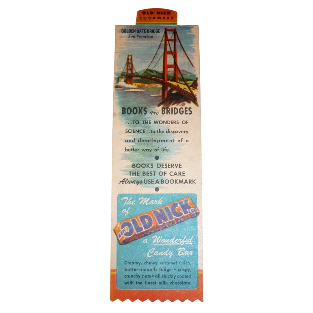 Vintage 1946 Old Nick Candy Bar Bookmark Golden Gate Bridge Advertising Ephemera